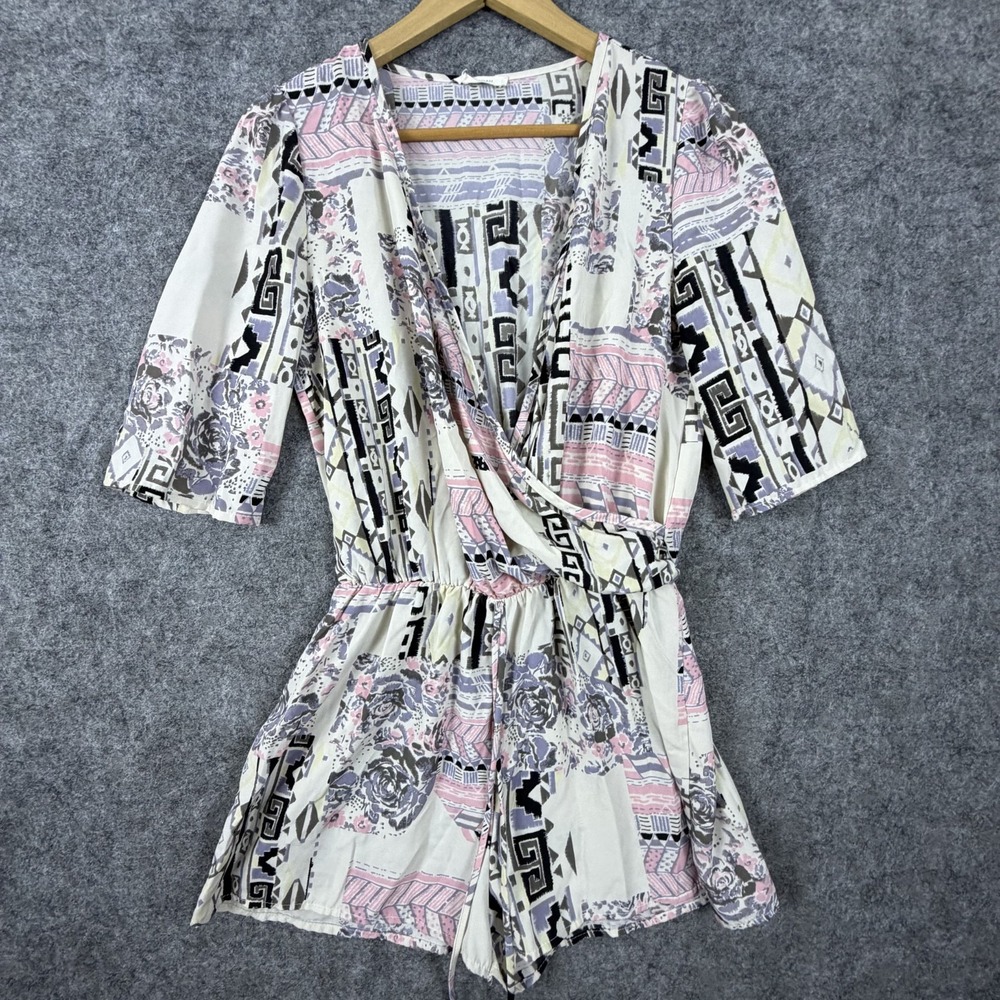 I.Joah Romper Women Pink Blue Floral Aztec Print Wrap V-Neck Tie Waist Bohemian